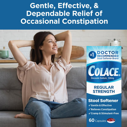 Colace Stool Softener 100 mg – 60 Capsules | Gentle, Doctor-Recommended, Stimulant-Free Relief