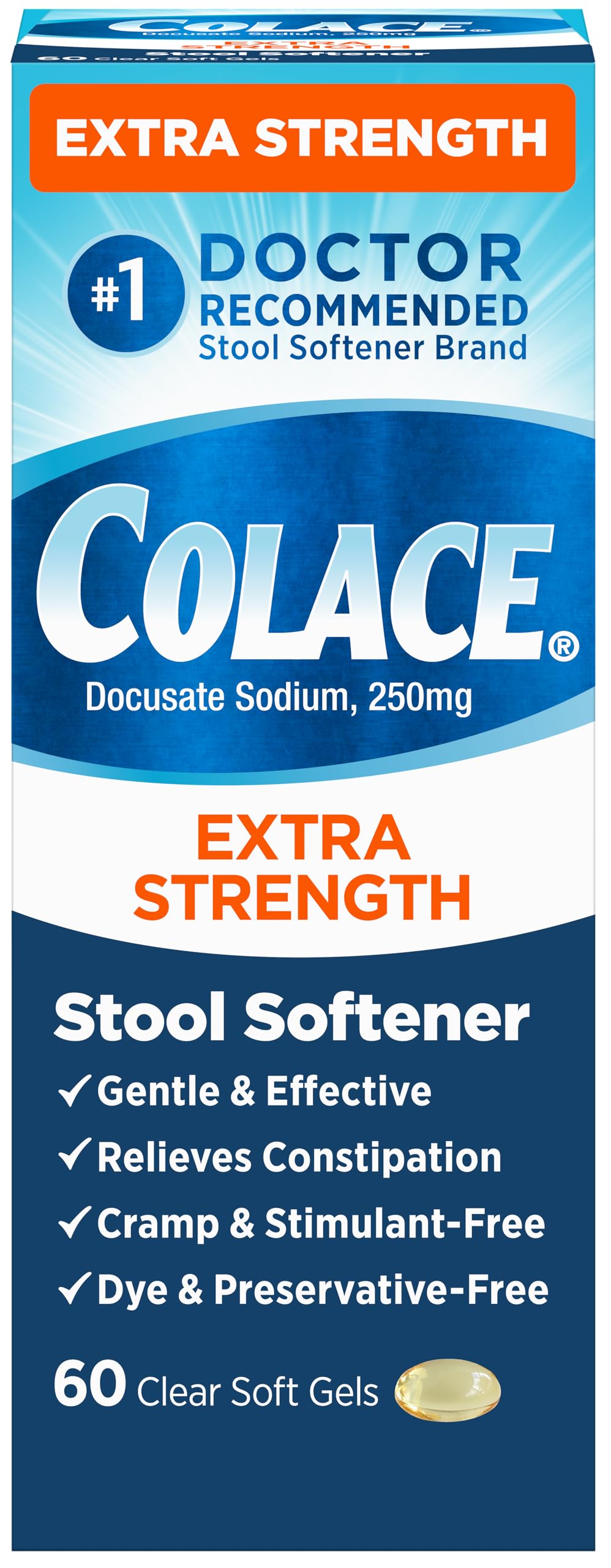 Colace Extra Strength Stool Softener – Gentle Relief, 250 mg, 60 Softgels