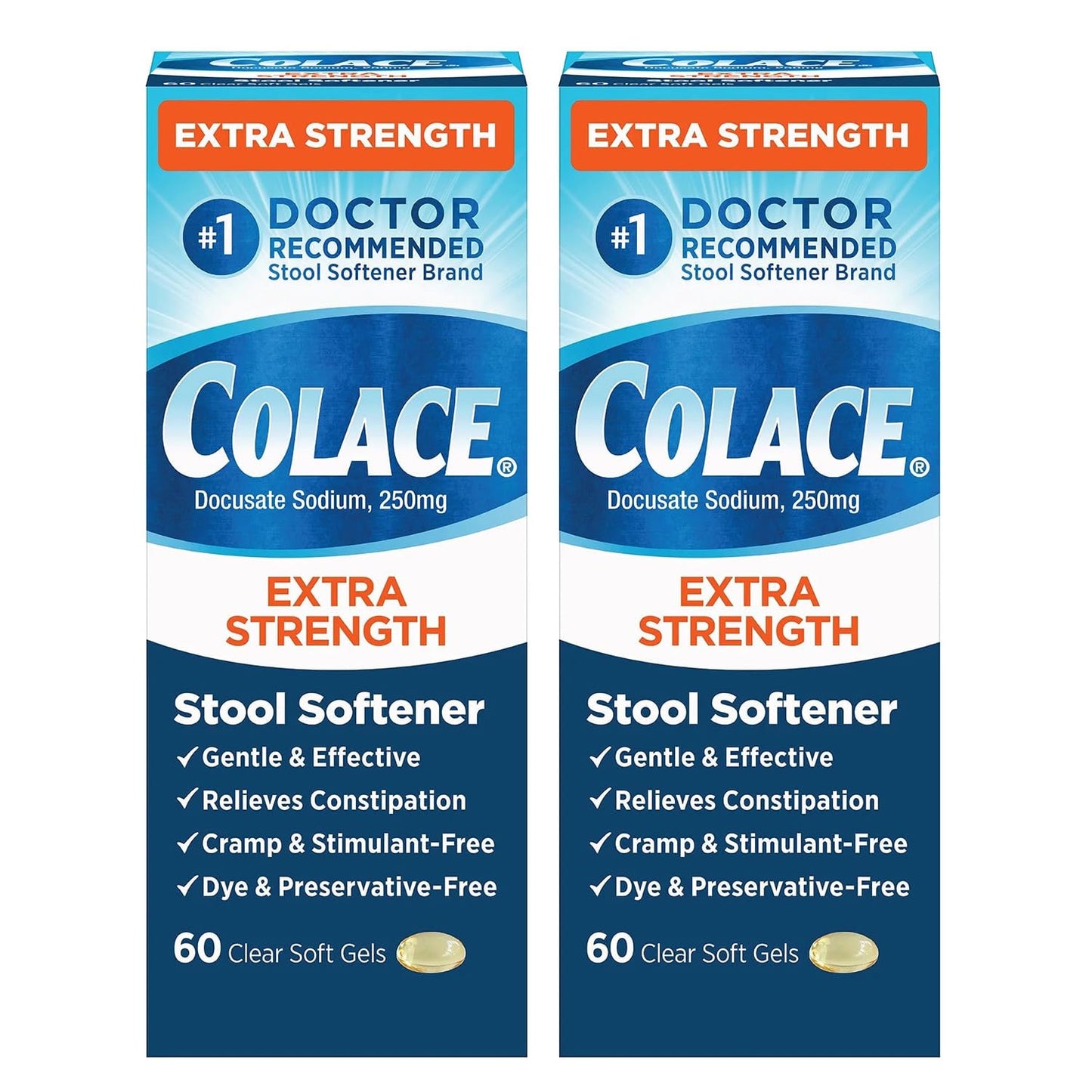 Colace Extra Strength Stool Softener – Gentle Relief, #1 Doctor-Recommended, 250 mg Docusate (Pack of 2)