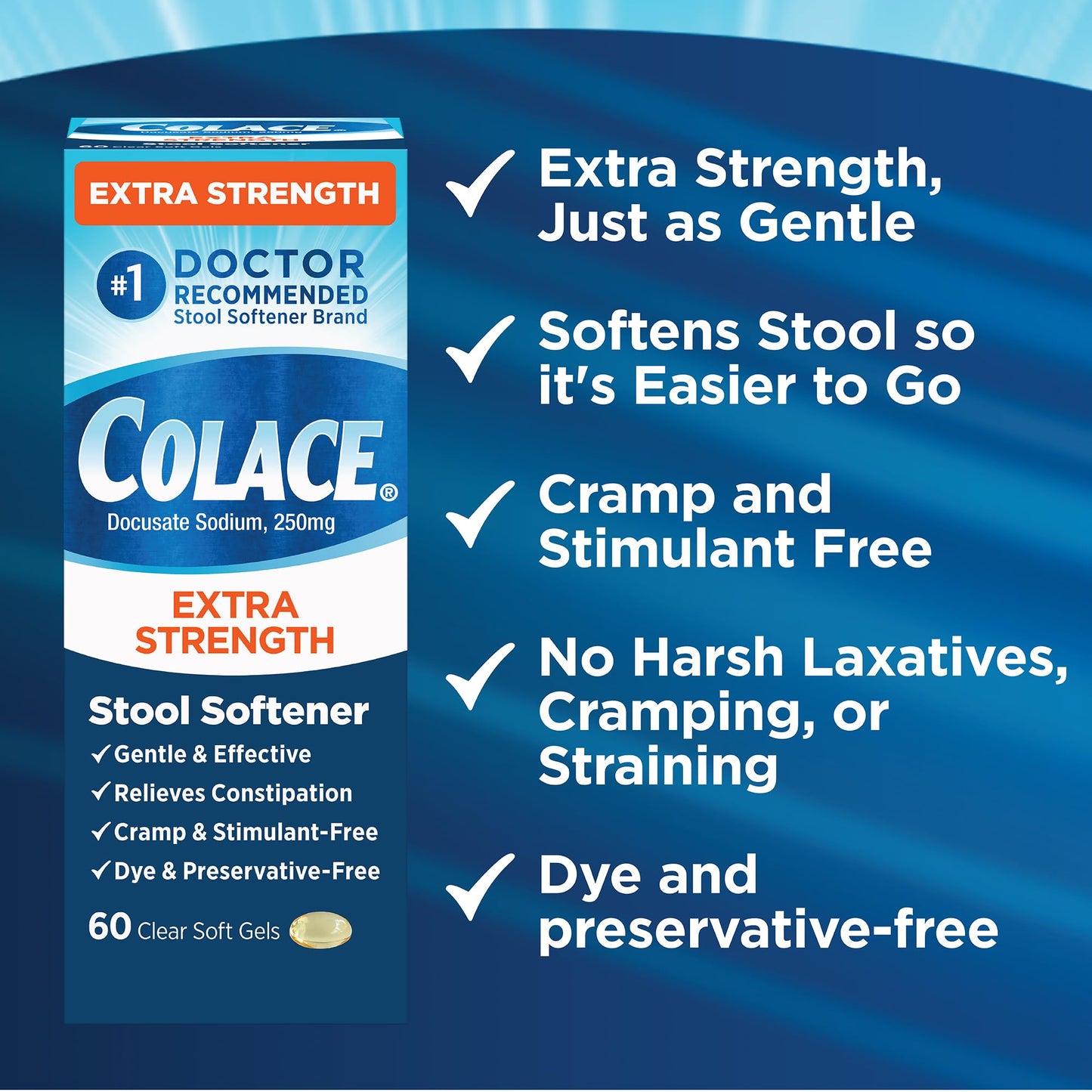 Colace Extra Strength Stool Softener – Gentle Relief, #1 Doctor-Recommended, 250 mg Docusate (Pack of 2)