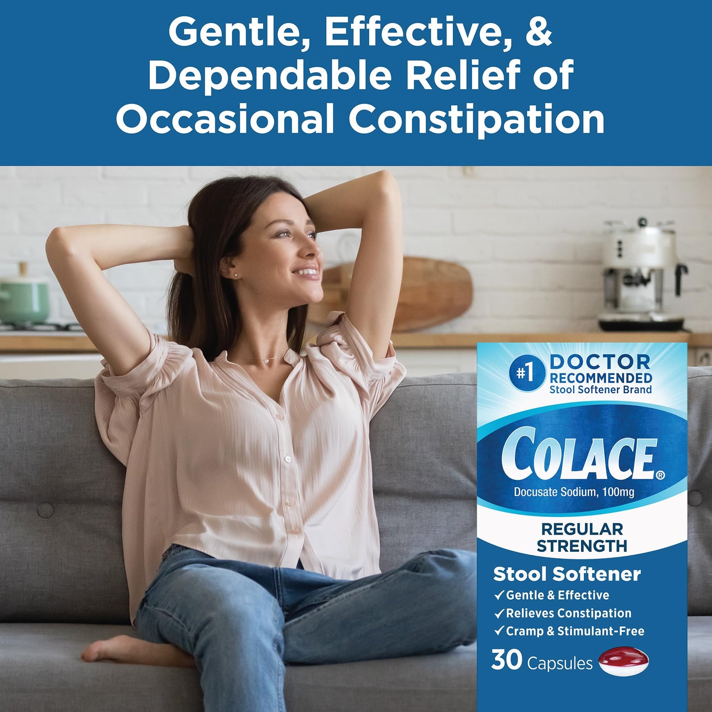 Colace Regular Strength Stool Softener Capsules 100 mg – Doctor Recommended, 30 Count
