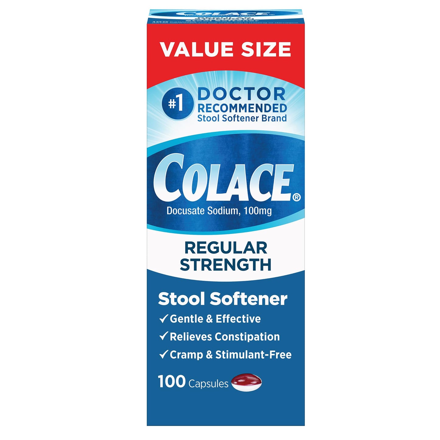 Colace Regular Strength Stool Softener 100 mg - #1 Doctor Recommended, Gentle Constipation Relief (100 Capsules)