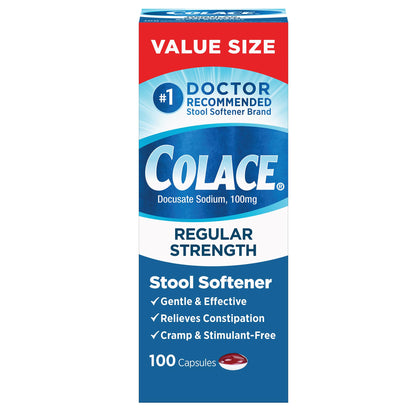 Colace Regular Strength Stool Softener 100 mg - #1 Doctor Recommended, Gentle Constipation Relief (100 Capsules)