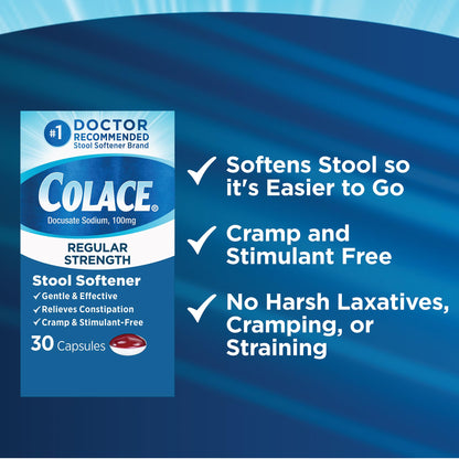 Colace Regular Strength Stool Softener Capsules 100 mg – Doctor Recommended, 30 Count
