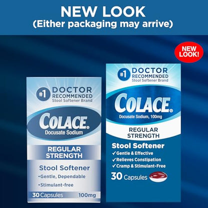 Colace Regular Strength Stool Softener Capsules 100 mg – Doctor Recommended, 30 Count
