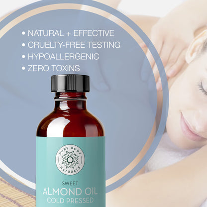 Pure Body Naturals Sweet Almond Oil – 4 oz, Cold Pressed & 100% Pure for Hair, Skin & Nails