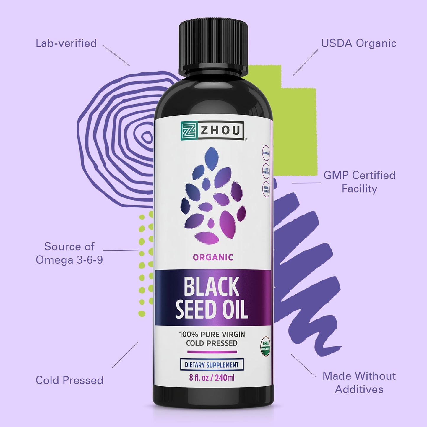 Zhou Organic Black Seed Oil - Cold-Pressed Nigella Sativa, 8 oz