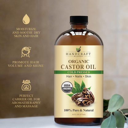 Handcraft Blends Cold-Pressed Organic Castor Oil 16 Fl Oz | Glass Bottle | 100% Pure & Natural | Premium Grade Carrier Oil | Hair, Eyelashes and Eyebrows | Hair and Body