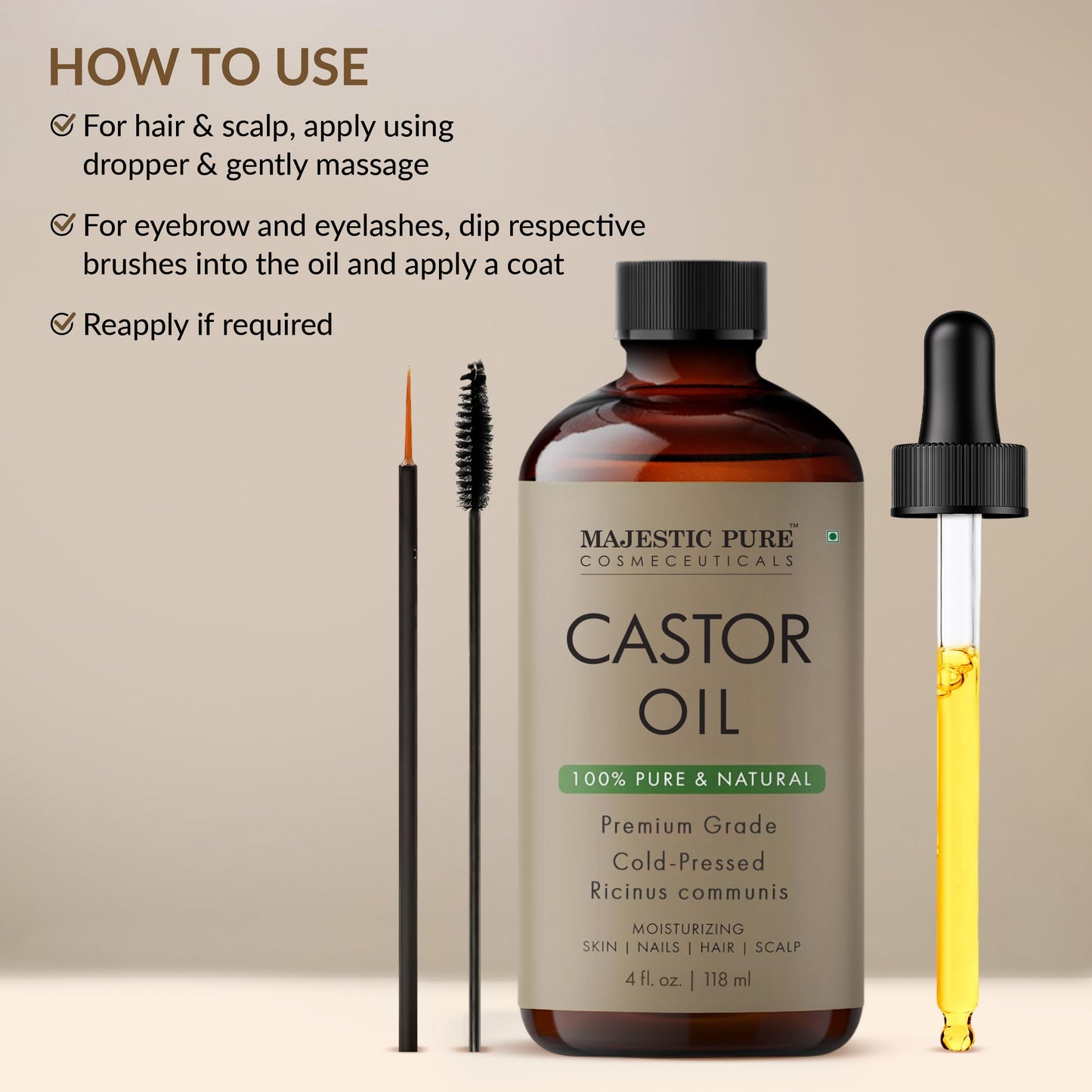 Majestic Pure USDA Organic Castor Oil - 4 Fl Oz | 100% Pure & Natural, Cold-Pressed, Hexane Free