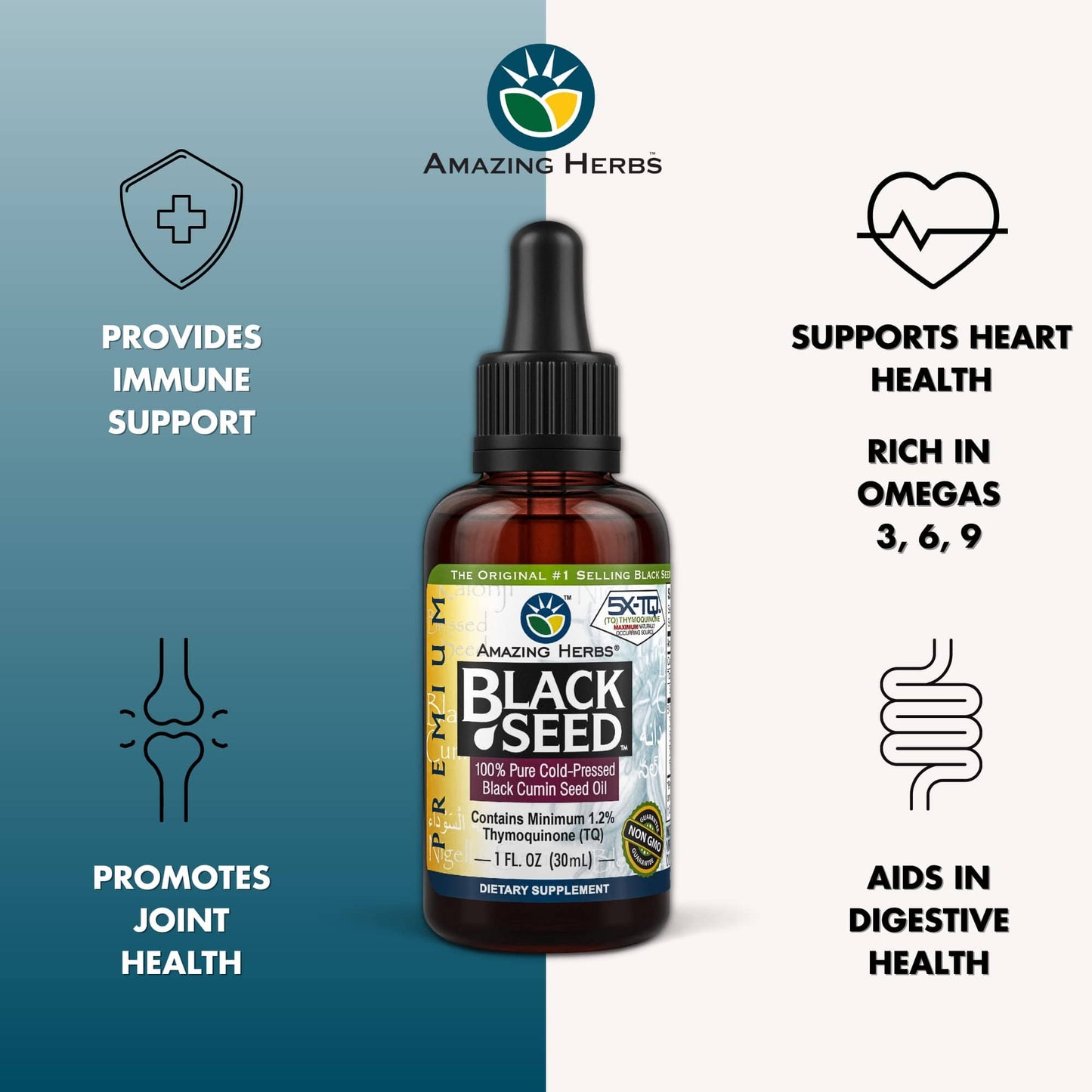 Amazing Herbs Premium Black Seed Oil – Gluten Free, Non-GMO, Cold-Pressed Nigella Sativa – 1 Fl Oz