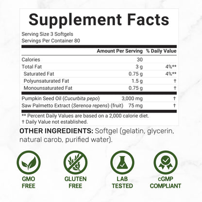 Pumpkin Seed Oil 3,000mg w Saw Palmetto – 240 Softgels | Prostate & Hair Support