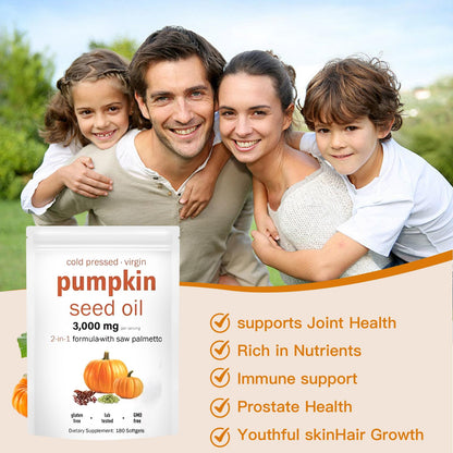 Pumpkin Seed Oil 2-in-1 with Saw Palmetto – 180 Softgels (3000mg per serving) – Prostate, Urinary & Hair Health | Non-GMO