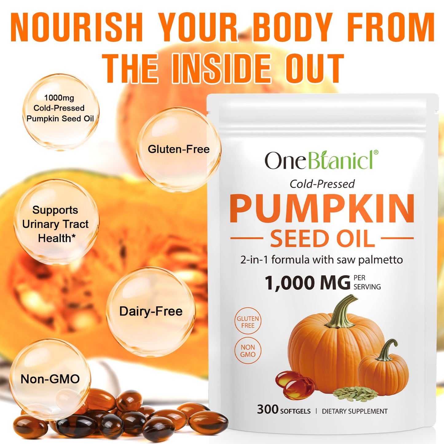 Pumpkin Seed Oil Softgels 300 Count – 1000mg per Serving with Saw Palmetto | Prostate, Urinary & Hair Health | Non-GMO