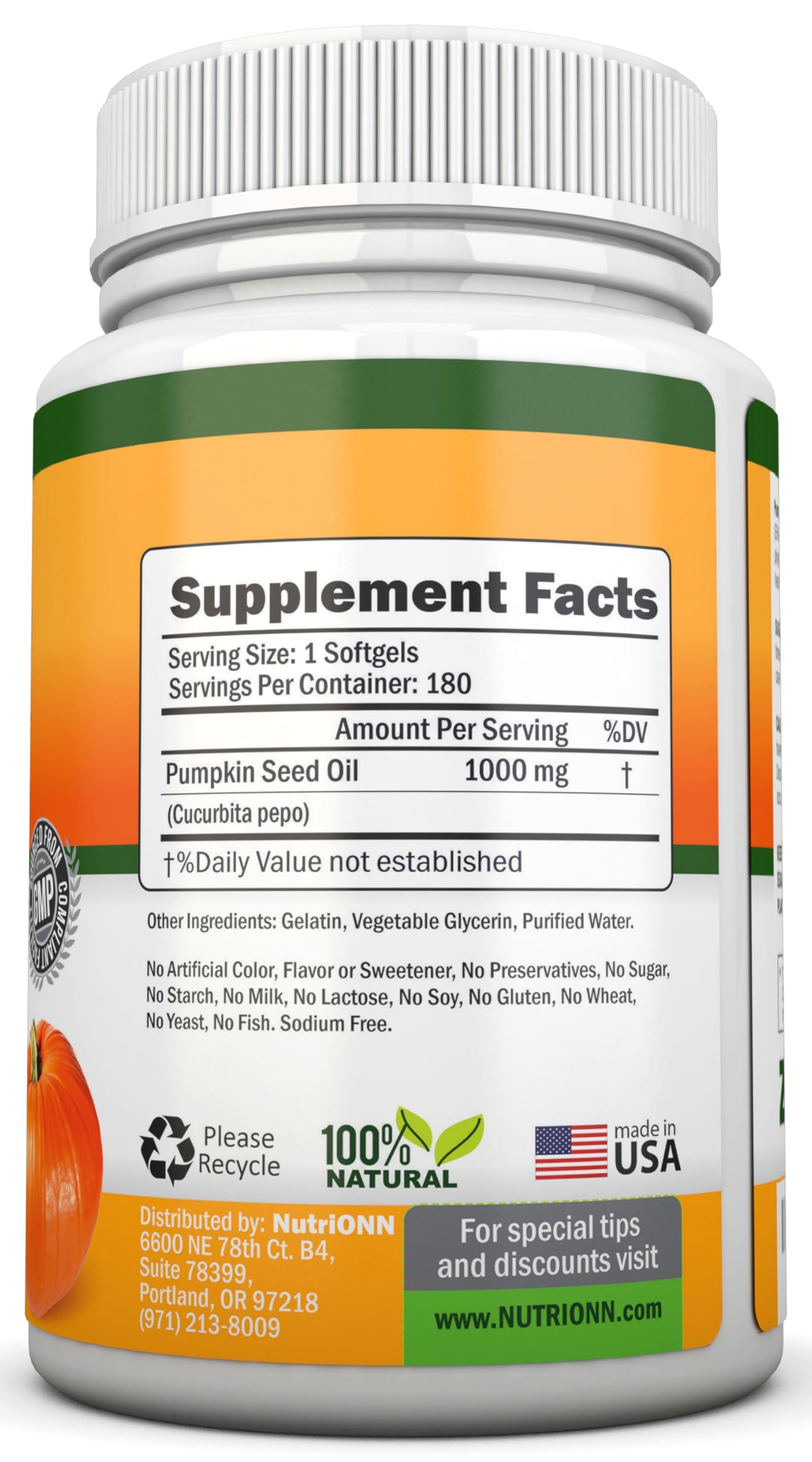 Pumpkin Seed Oil 1000MG - 180 Softgels | Cold-Pressed Natural