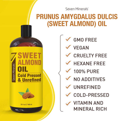 Seven Minerals Pure Cold Pressed Sweet Almond Oil – 32 oz Unrefined Carrier Oil for Skin & Hair
