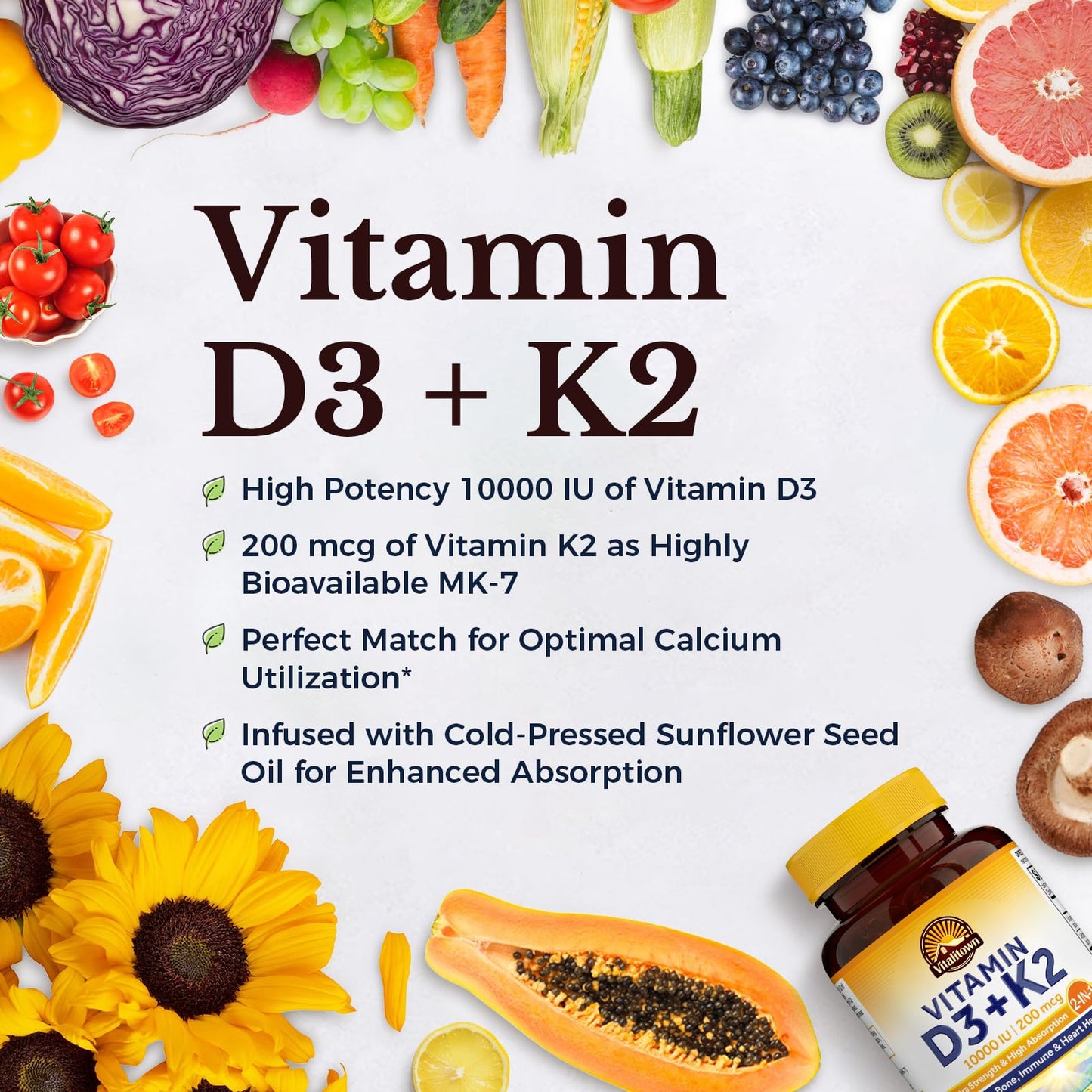 Vitalitown Vitamin D3 K2 Supplement - 10000 IU D3, 200 mcg MK-7, 90 Softgels