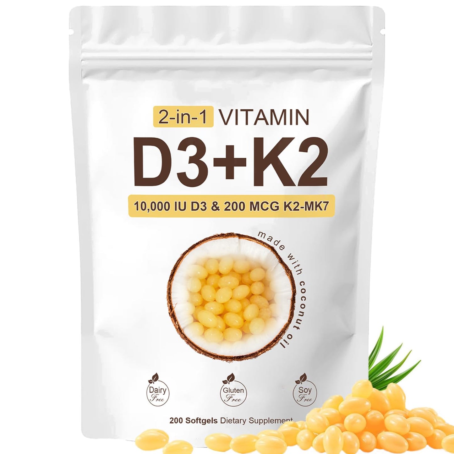 COLEPSW RealGood D3 K2 10000 IU – Coconut Oil Softgels, MK-7, 200 Softgels