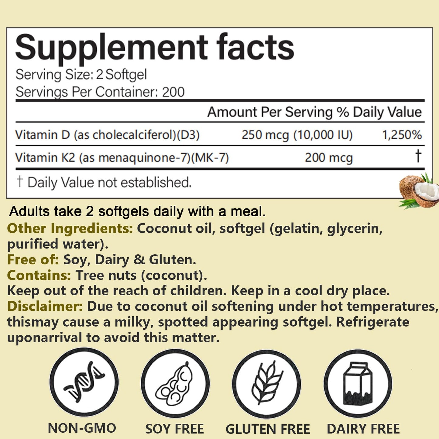 COLEPSW RealGood D3 K2 10000 IU – Coconut Oil Softgels, MK-7, 200 Softgels