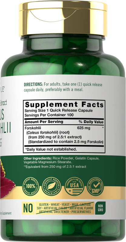 Carlyle Coleus Forskohlii Capsules | 625mg | 100 Count | Non-GMO & Gluten Free Standardized Extract | Forskolin Supplement