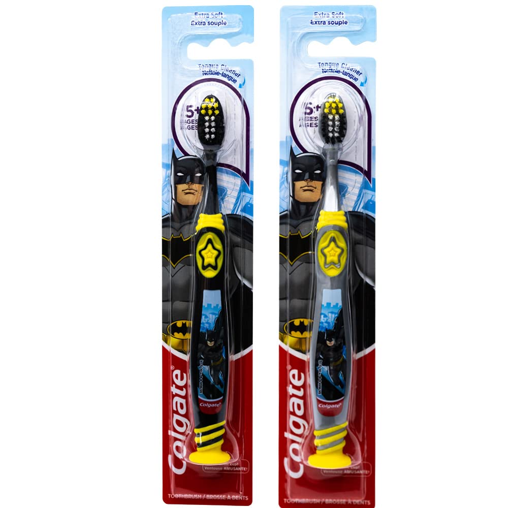 Colgate Batman Toothbrush for Kids 5+ – Extra Soft, Suction Cup, Pack of 2