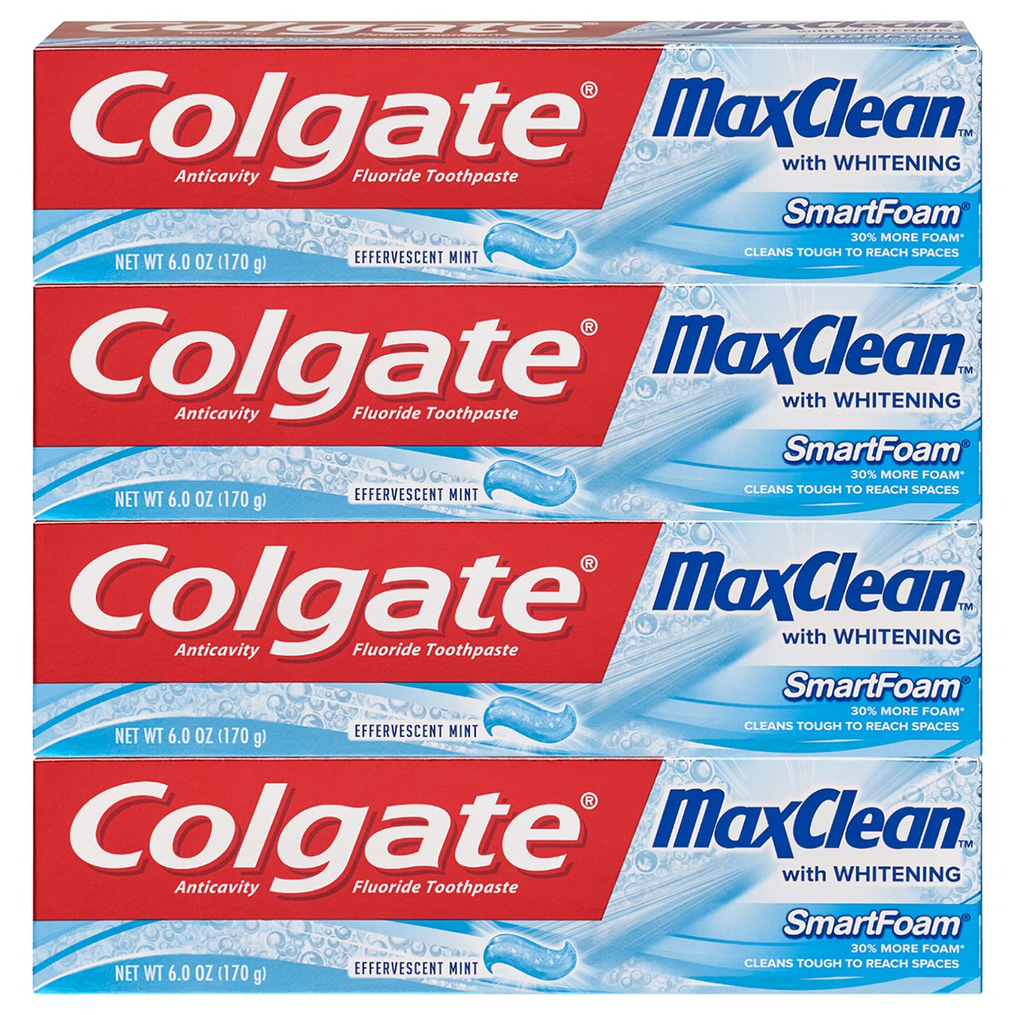 Colgate Max Clean Whitening Foaming Toothpaste – Fluoride, Mint, 6 oz, 4 Pack