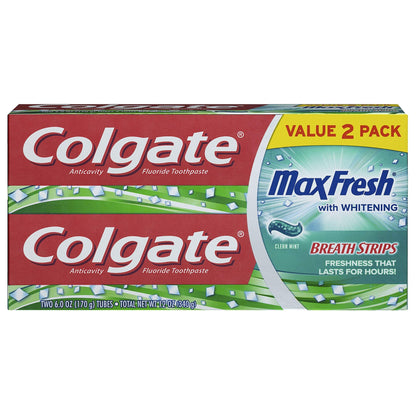 Colgate Max Fresh Whitening Toothpaste with Mini Breath Strips – Clean Mint – 6 oz (2 Pack)