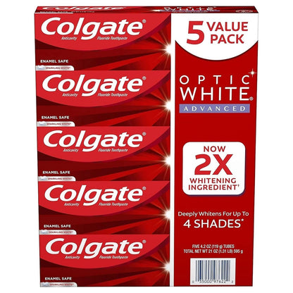 Colgate Optic White Advanced Teeth Whitening Toothpaste – Sparkling White 4.2 oz, 5 Pack (Total 21 oz)