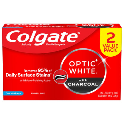 Colgate Optic White Charcoal Whitening Toothpaste 2 Pack (4.2 oz) – Enamel-Safe, Vegan, Cool Mint