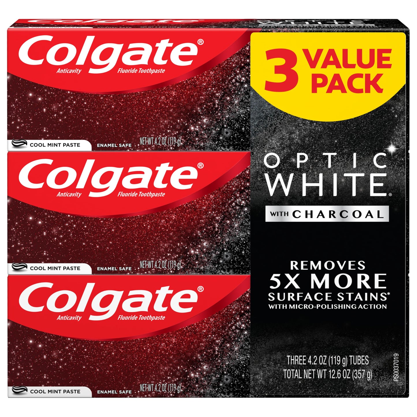Colgate Optic White Charcoal Toothpaste, 3 Pack, Cool Mint - Enamel-Safe
