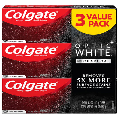 Colgate Optic White Charcoal Toothpaste, 3 Pack, Cool Mint - Enamel-Safe