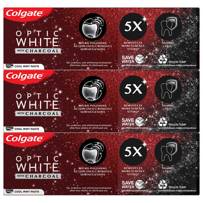 Colgate Optic White Charcoal Toothpaste, 3 Pack, Cool Mint - Enamel-Safe