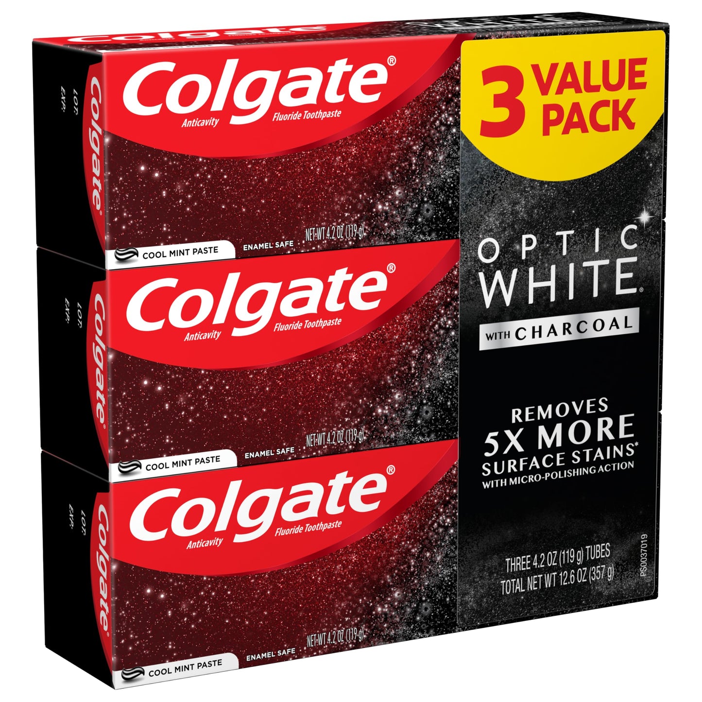 Colgate Optic White Charcoal Toothpaste, 3 Pack, Cool Mint - Enamel-Safe