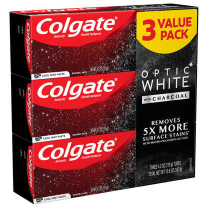 Colgate Optic White Charcoal Toothpaste, 3 Pack, Cool Mint - Enamel-Safe