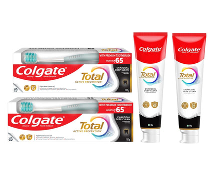 Colgate Total Charcoal Toothpaste Saver Pack – 2x150 g/5.2 oz – Anti-Cavity, Plaque Control + 2 Free Toothbrushes