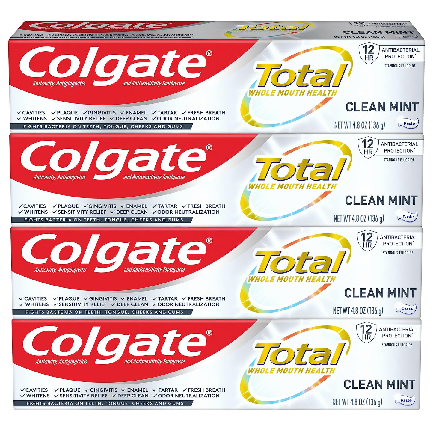 Colgate Total Toothpaste with Whitening, Clean Mint – 4 Pack (4.8 oz each)