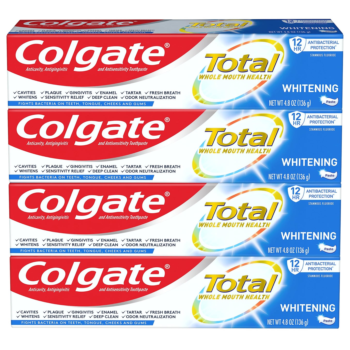Colgate Total Teeth Whitening Toothpaste 4 Pack (4 x 4.8 oz) | 10 Benefits, Sensitivity Relief, Mint