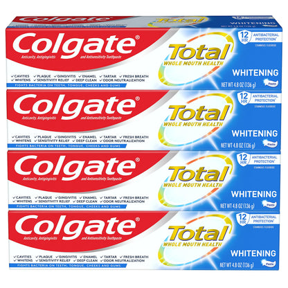 Colgate Total Teeth Whitening Toothpaste 4 Pack (4 x 4.8 oz) | 10 Benefits, Sensitivity Relief, Mint