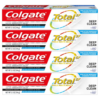 Colgate Total Toothpaste with Stannous Fluoride and Zinc – Deep Clean 5.1 oz (4 Pack) | Sensitivity Relief & Cavity Protection