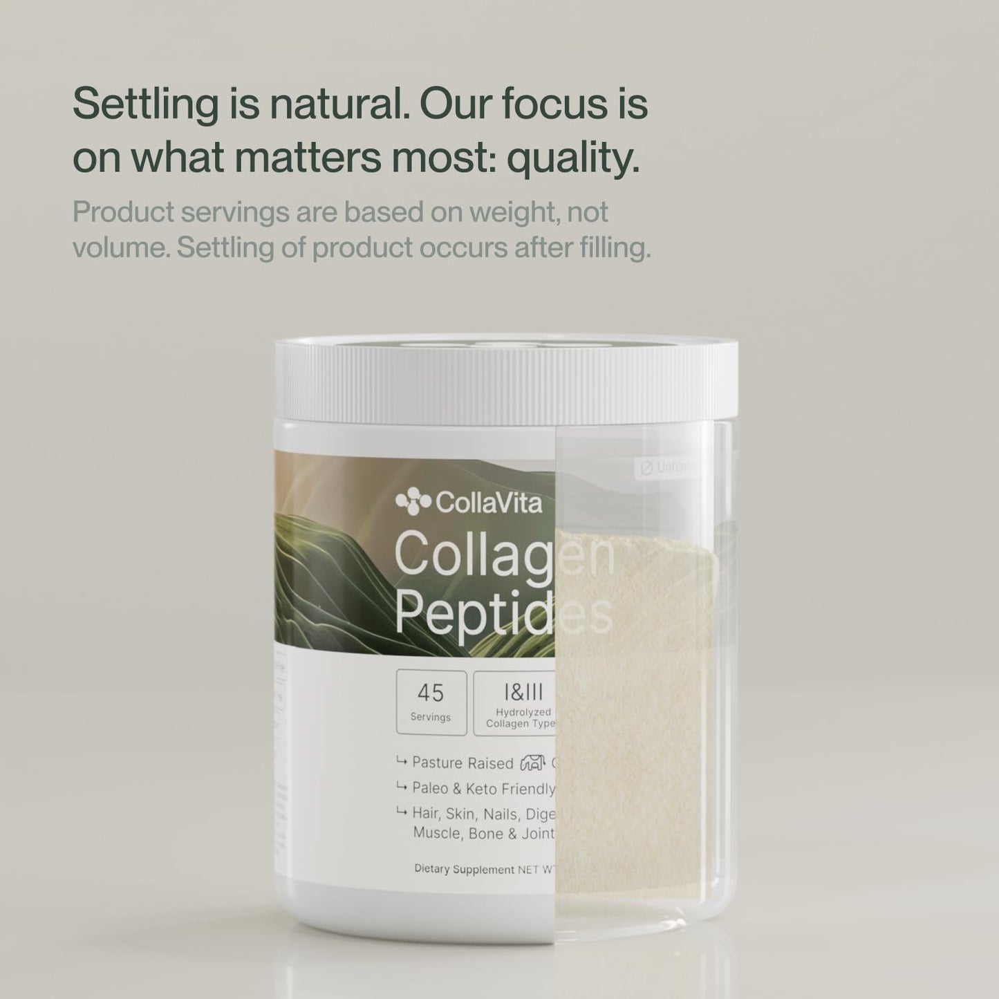 Colla Vita Collagen Peptides Powder - Grass-Fed, Pasture-Raised, Hydrolyzed Type I and III - Unflavored, 32 oz, 90 Servings