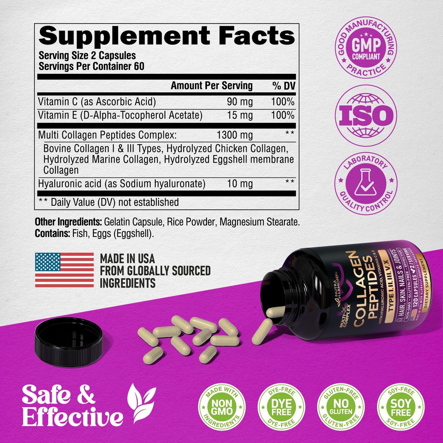 Multi Collagen Peptides 1300mg + Hyaluronic Acid | Skin, Hair, Nails & Joints - Made in USA