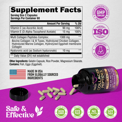 Multi Collagen Peptides 1300mg + Hyaluronic Acid | Skin, Hair, Nails & Joints - Made in USA