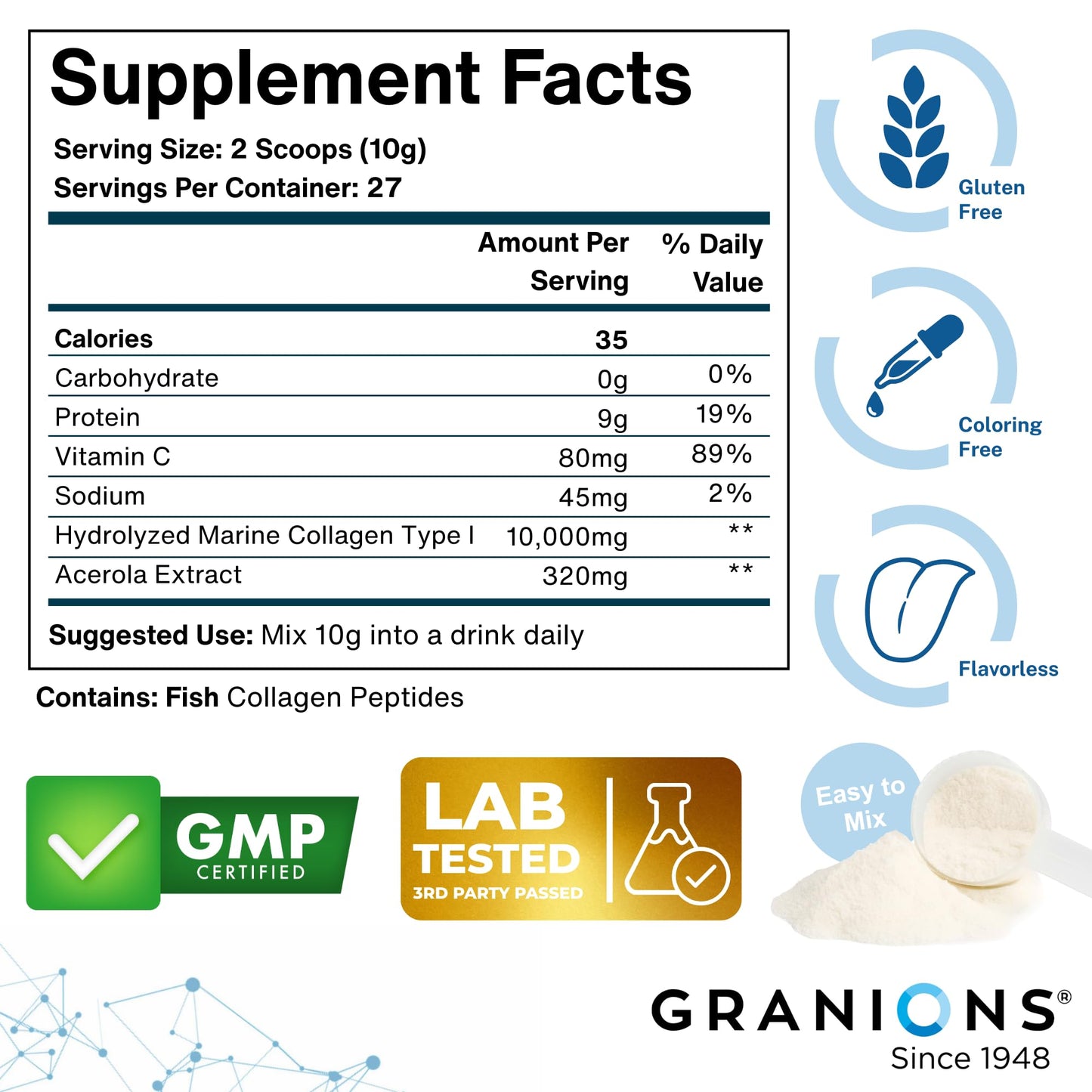 Marine Collagen Powder Unflavored - Type I Hydrolyzed Peptides + Acerola Vitamin C (9.8oz)