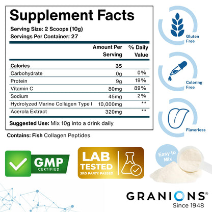 Marine Collagen Powder Unflavored - Type I Hydrolyzed Peptides + Acerola Vitamin C (9.8oz)