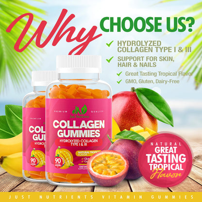 Collagen Gummies for Women & Men – Hydrolyzed Type I & III, 90 Gummies