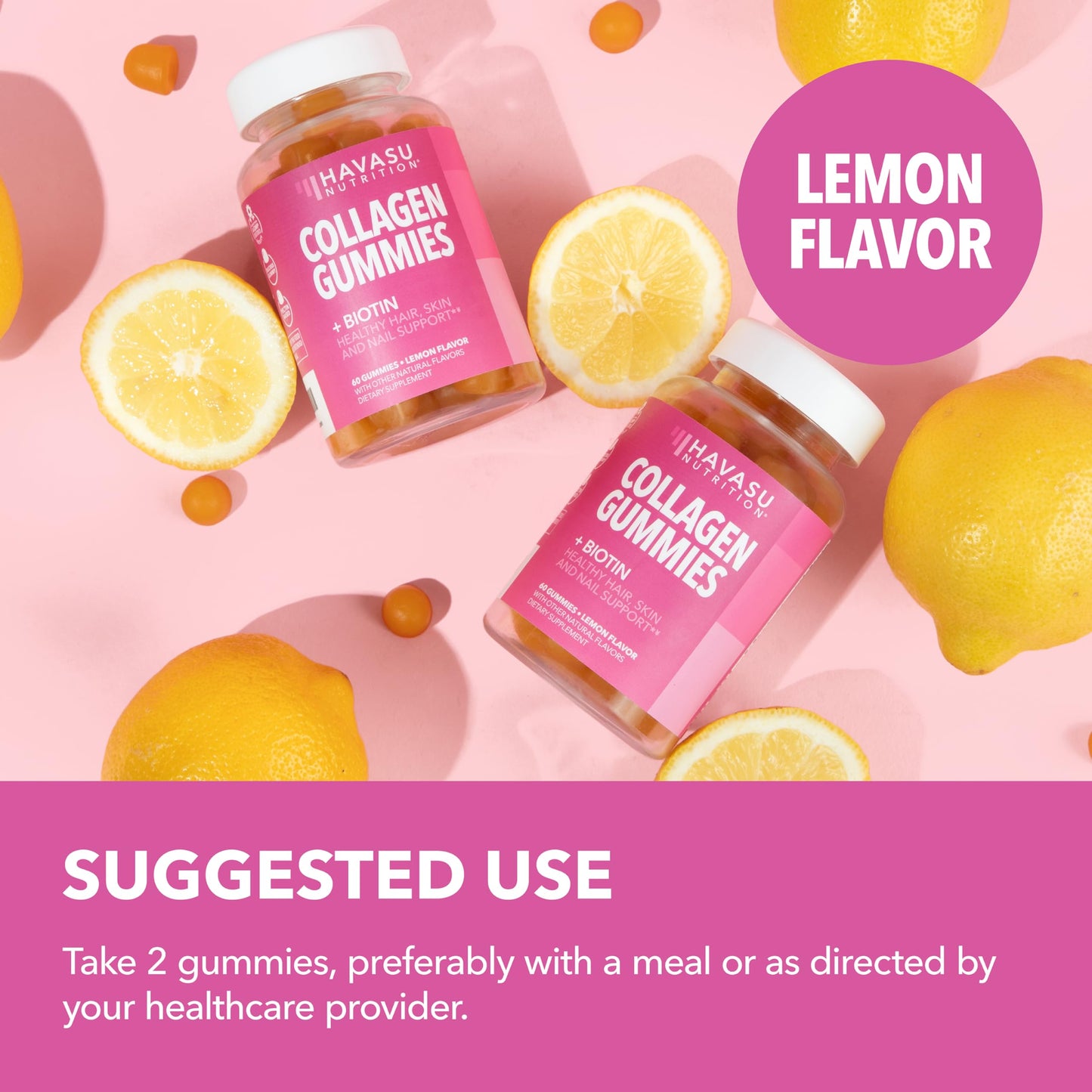 Collagen Gummies with Biotin (2500mcg) – Hair, Skin & Nails – Lemon, 30 Servings