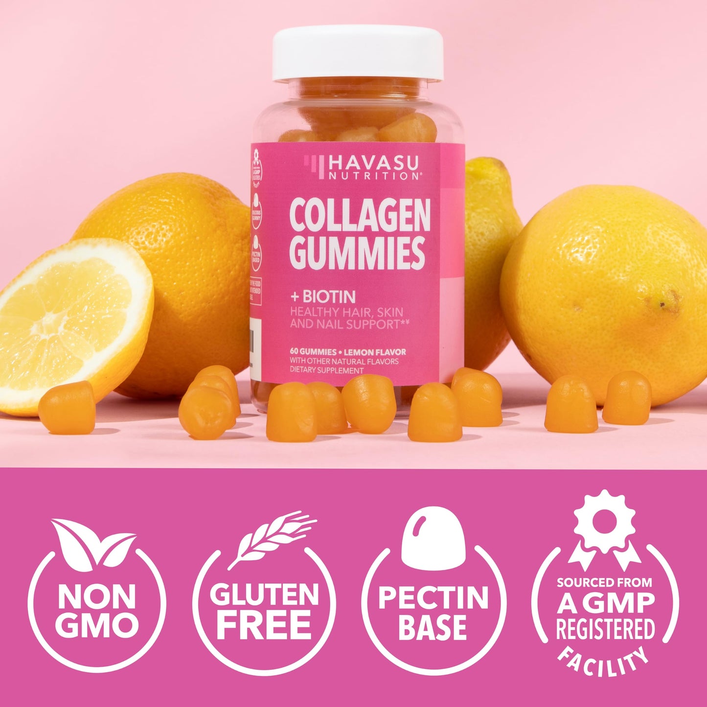 Collagen Gummies with Biotin (2500mcg) – Hair, Skin & Nails – Lemon, 30 Servings