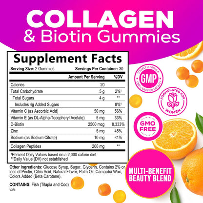 Collagen Gummies with 2500mcg Biotin, Vitamin C & Zinc – Hair, Skin & Nail Support (60 Count)