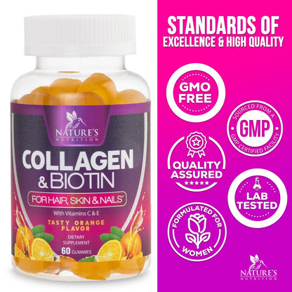 Collagen Gummies with 2500mcg Biotin, Vitamin C & Zinc – Hair, Skin & Nail Support (60 Count)