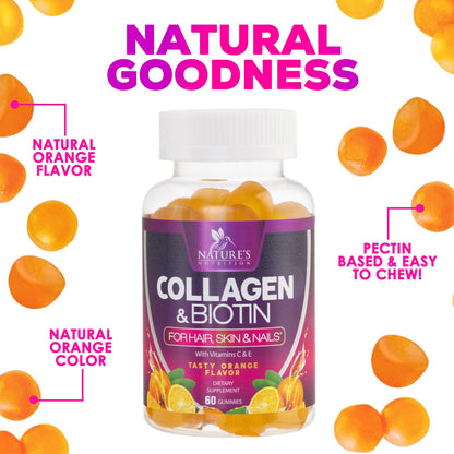 Collagen Gummies with 2500mcg Biotin, Vitamin C & Zinc – Hair, Skin & Nail Support (60 Count)