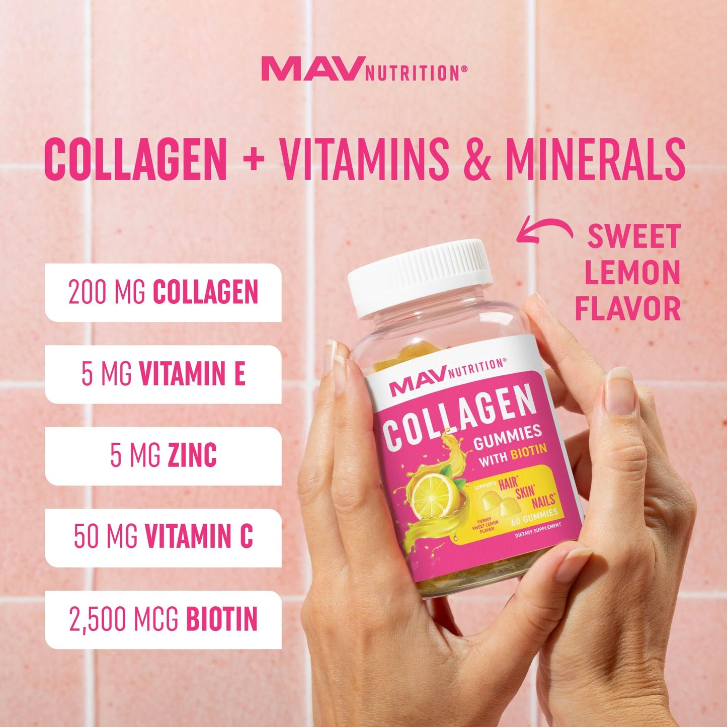 Collagen Gummies for Women – 200 mg Collagen + 2500 mcg Biotin, Vitamin C/E/Zinc | 60 Count | Non-GMO